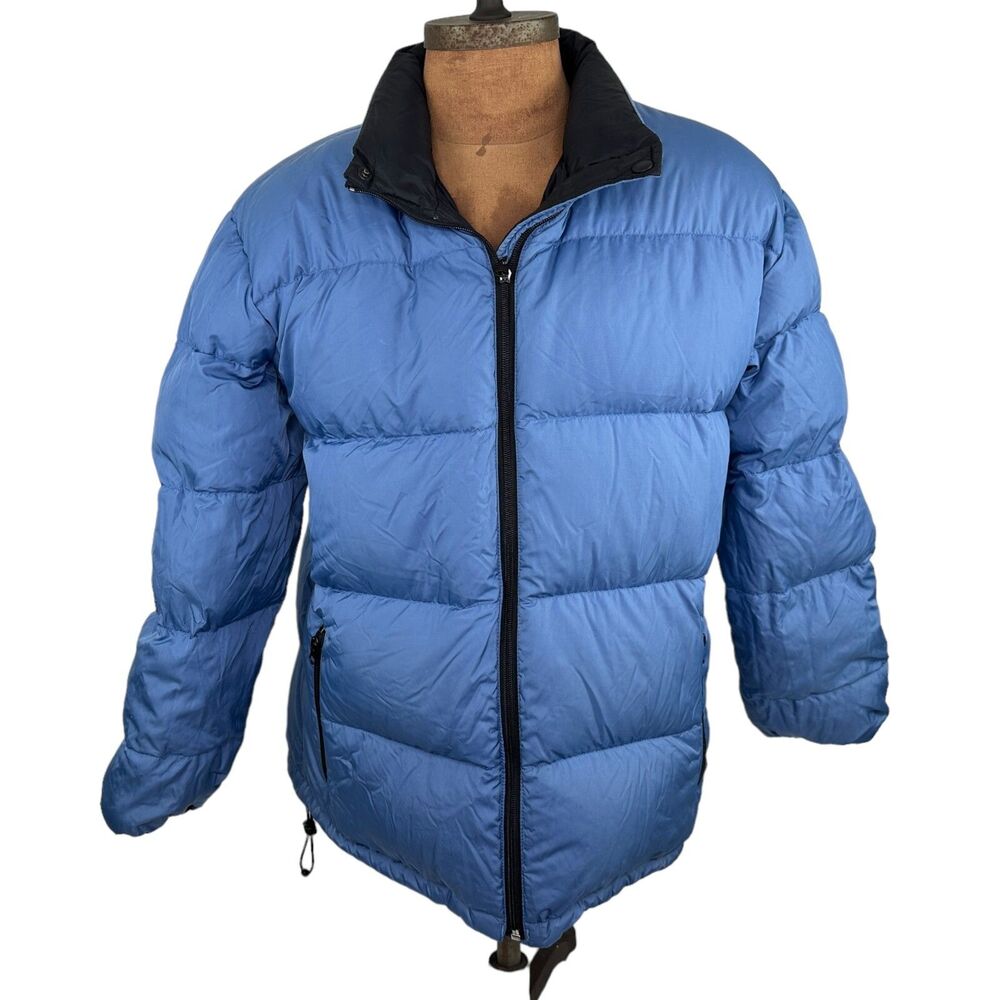 Womens Vintage Lands End Down Puffer Jacket Reversible Blue Black L 14-16